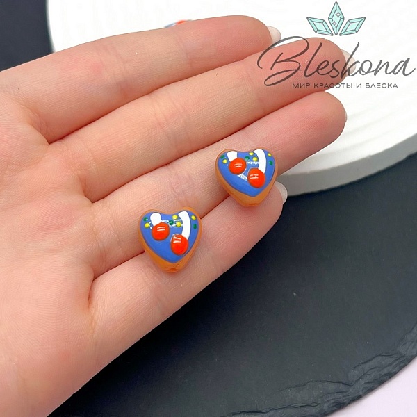 14 мм Бусина сердце коричневое с синим
