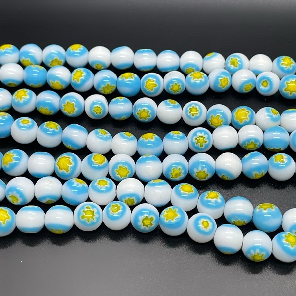 Муранское стекло голубое цветы желтые 8мм