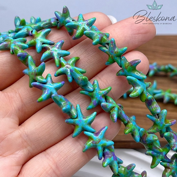 14 мм Магнезит (Говлит) имитация морская звезда бледно-голубая с вкраплениями разных цветов