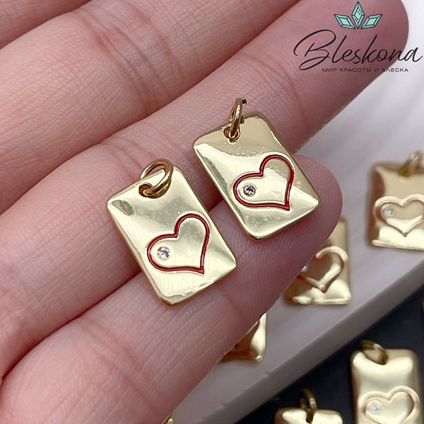 15*10 мм, Цвет золото, Подвеска прямоугольник сердце красная эмаль с цирконом
