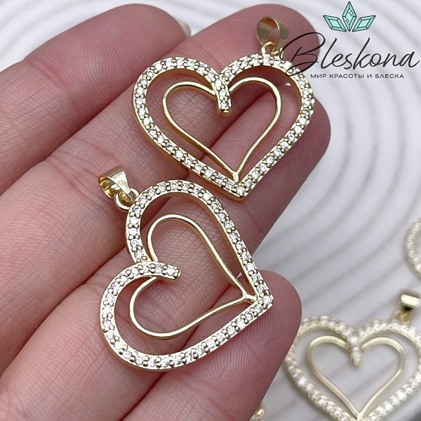23*27 мм Цвет золото, Подвеска сердце двойной контур с цирконами