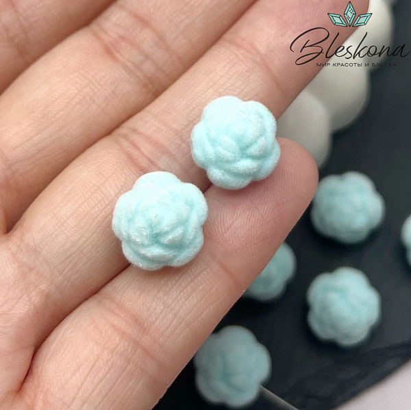 12мм Бархатная бусина Цветок - Роза, Цвет голубой