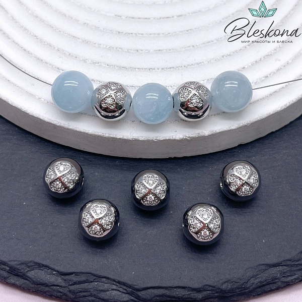 10 мм Цвет серебро, Бусина шар клевер с цирконами