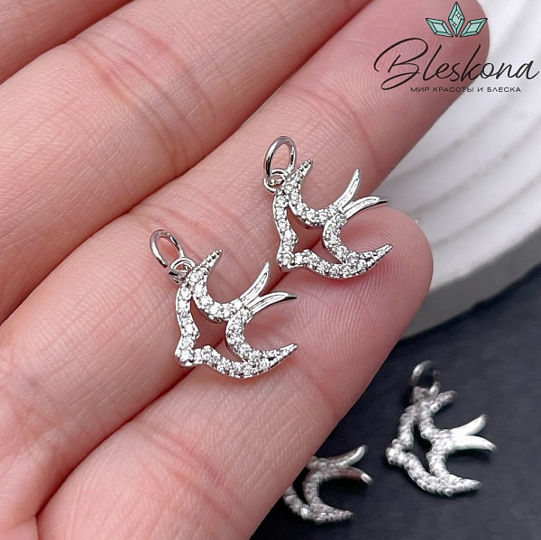 13,5*12,5 мм Цвет серебро, Подвеска Ласточка цирконы