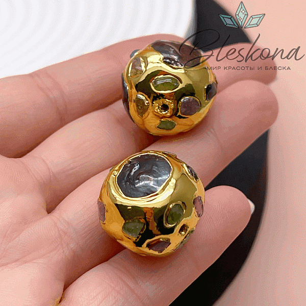 20 мм Цвет золото, Бусина  Жемчуг инкрустированная натуральными камнями