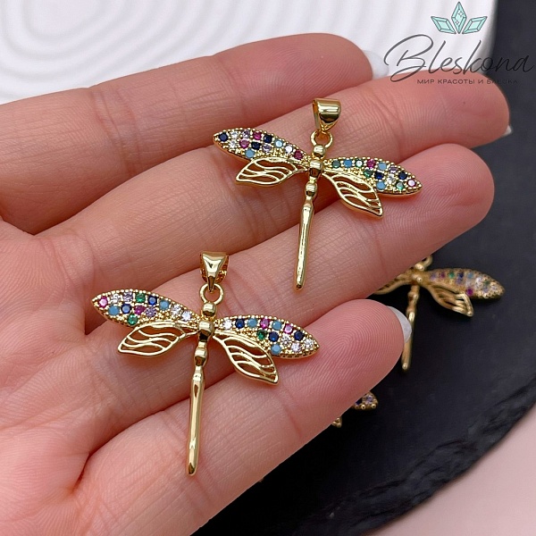 25*30 мм, Цвет золото, Подвеска Стрекоза цирконы микс с бейлом