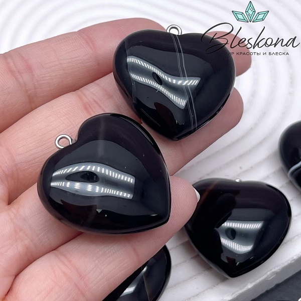 30*29 мм Цвет серебро, Подвеска Сердце Агат черный с прожилками