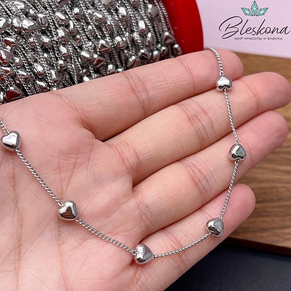 Цепь №107 цвет серебро, объемное сердце 1,5*1,5 мм