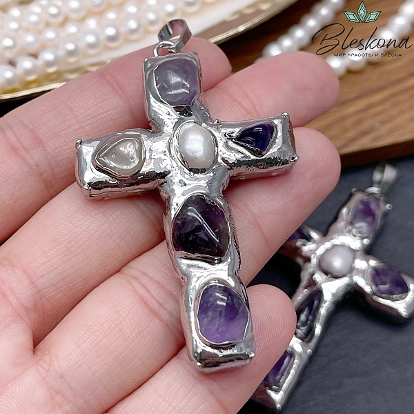 38*65 мм Цвет серебро, Подвеска крест Жемчуг, Аметист в обрамлении