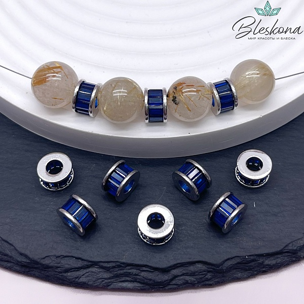 8*5 мм Цвет серебро, Бусина - разделитель синий циркон