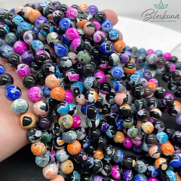 Агат черный микс цветные разводы (имитация) 8 мм