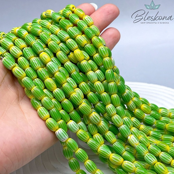 Муранское стекло бочата желто- зеленые, полосы 9*6 мм