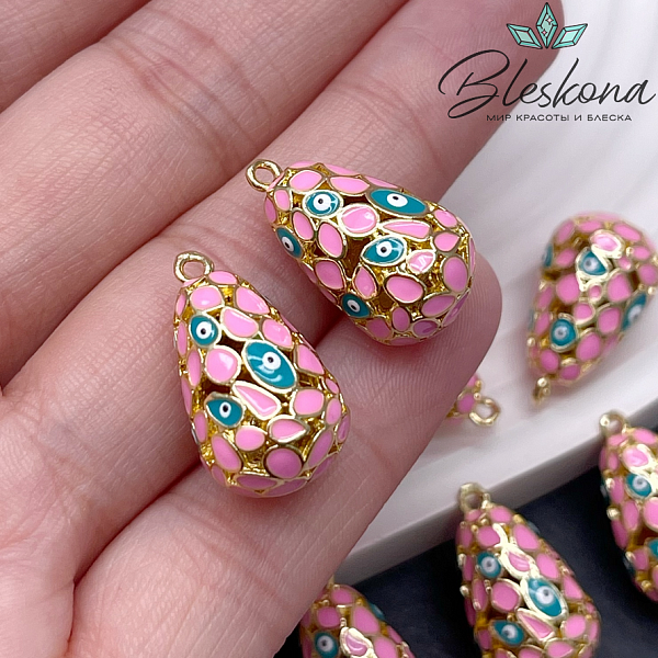 21,5*12 мм Цвет золото, Подвеска Капля глаза розовая эмаль