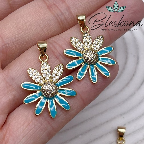 23,5*19 мм Цвет золото, Подвеска ромашка с цирконами, бирюзовая эмаль