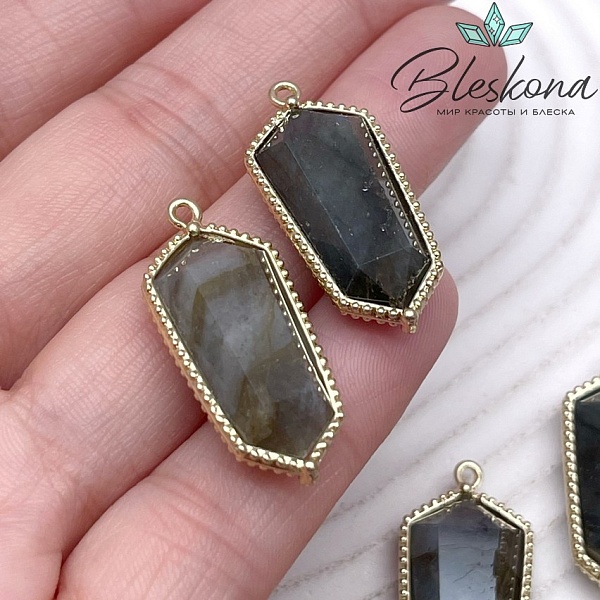 13,5*30мм, цвет золото ,Подвеска Шестиугольник Лабрадор в обрамлении цирконы