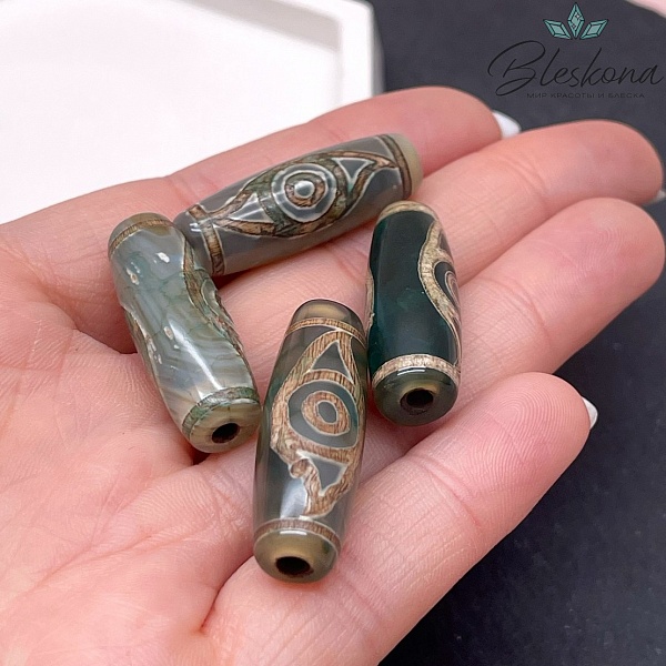 Бусина Дзи 2 глаза Феникса зелено-коричневый бочонок 30*11 мм