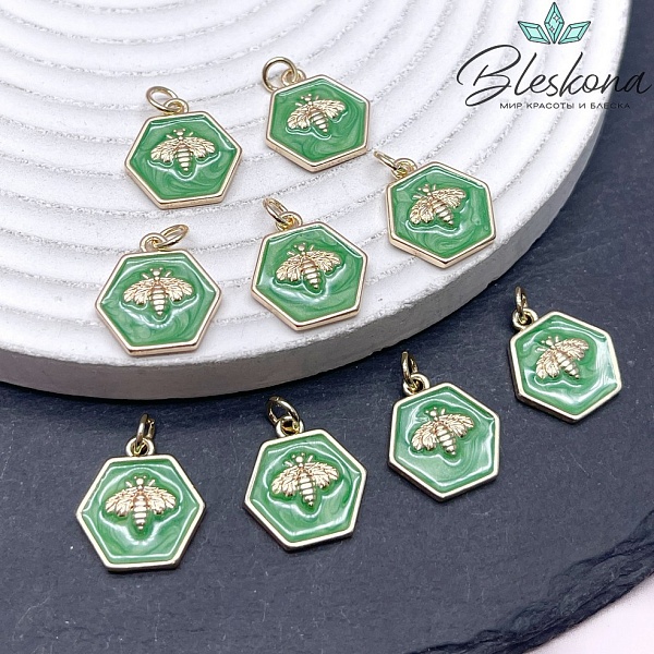 16*15 мм Цвет золото, Подвеска Пчелка зеленая эмаль