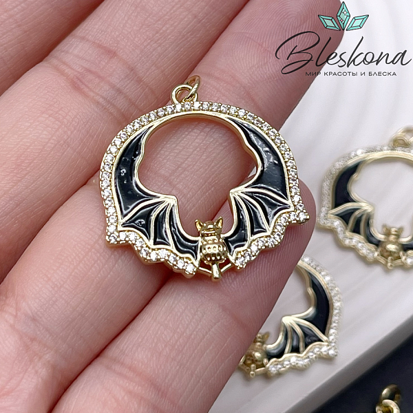 27*26 мм Цвет золото, Подвеска Летучая мышь черная эмаль