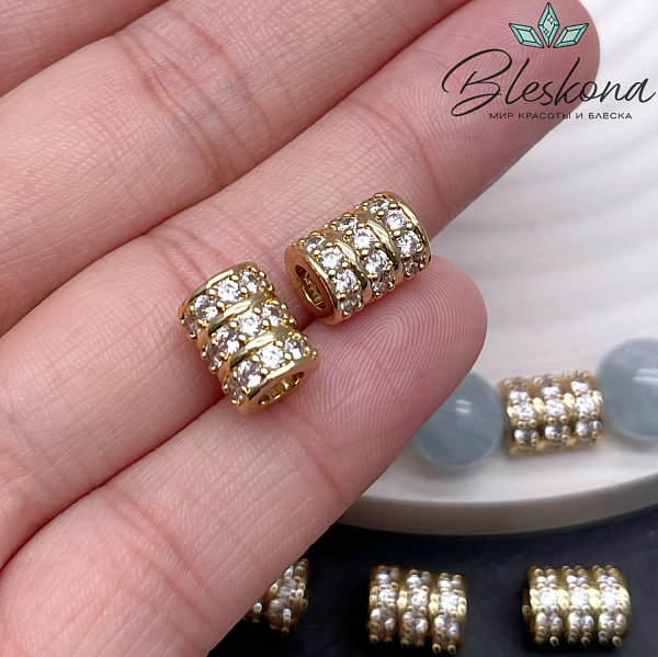 9,5*7,5 мм Цвет золото, Бусина цирконы 3 ряда