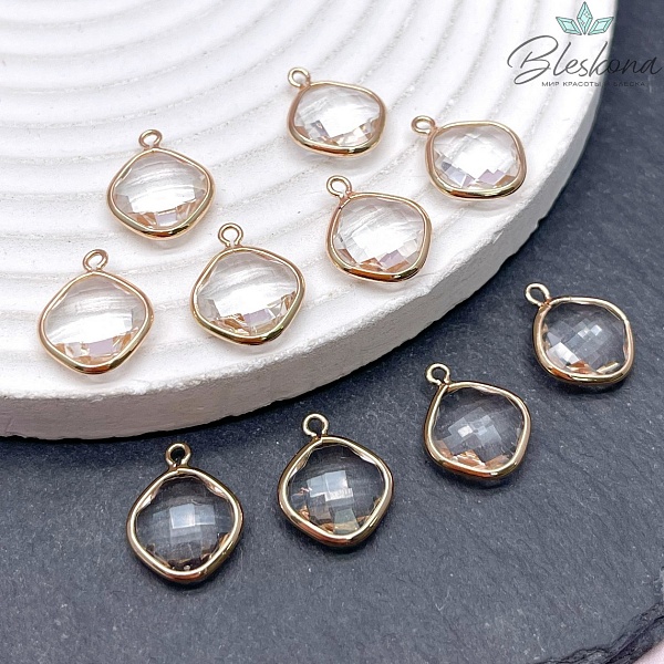 12 мм, цвет золото, Подвеска ромб стекло прозрачное