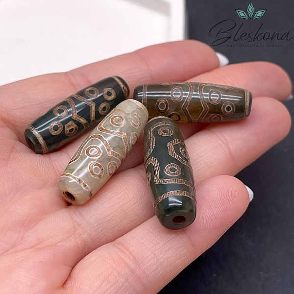 Бусина Дзи 11 глаз зелено-коричневый бочонок 30*11 мм