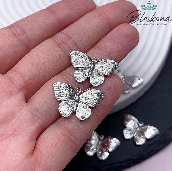 14,5*22 мм Цвет серебро, Подвеска Бабочка цветные цирконы