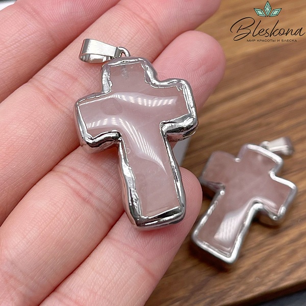 37*25 мм Цвет серебро, Подвеска крест Розовый Кварц в обрамлении