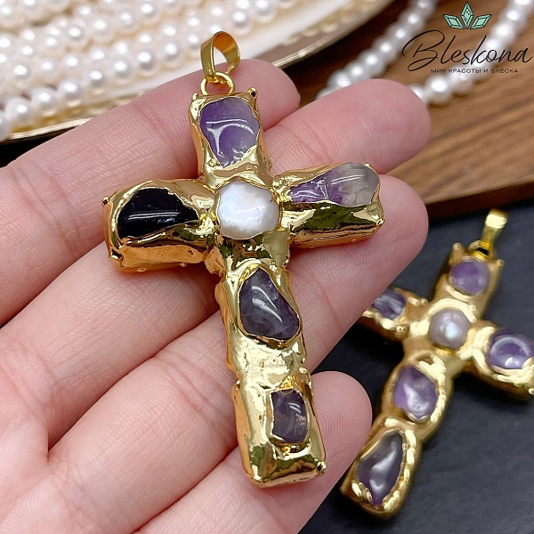 38*65 мм Цвет золото, Подвеска крест Жемчуг, Аметист в обрамлении