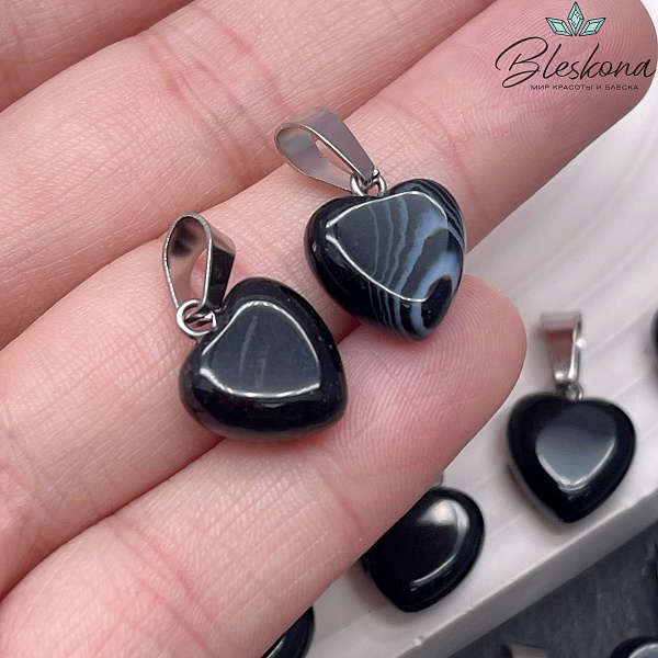 12 мм Цвет серебро, Подвеска Сердце Черный Агат с прожилками 