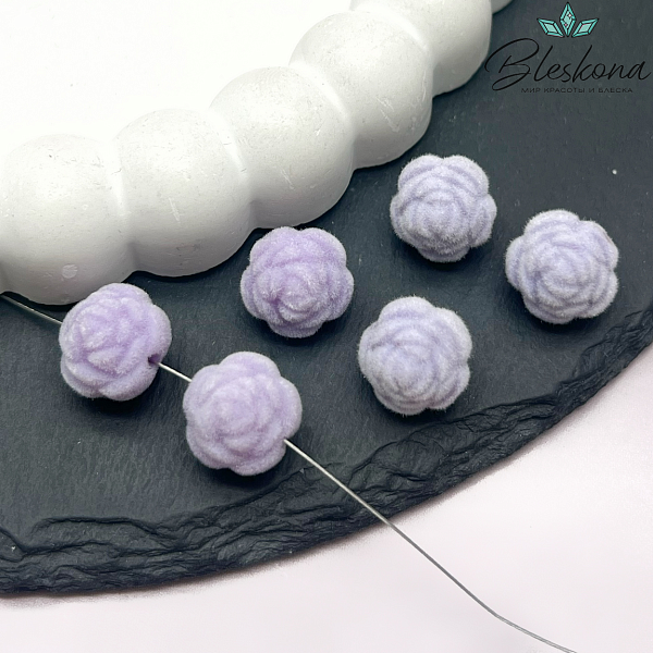 12мм Бархатная бусина Цветок - Роза, Цвет сиреневый