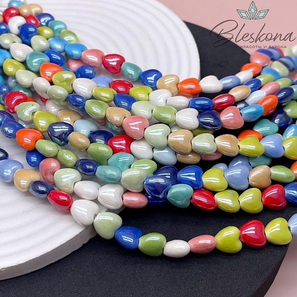 10 мм Бусина сердце, керамика цвет микс