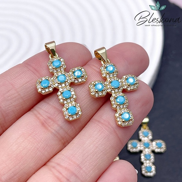25*17 мм Цвет золото, Подвеска Крест цирконы, голубое стекло с бейлом