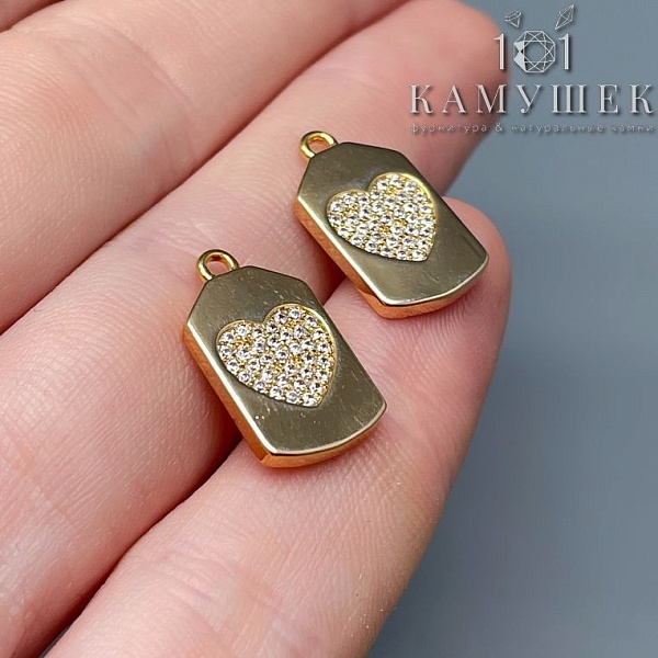 10*17мм Цвет золото, Подвеска прямоугольник Сердце цирконы 