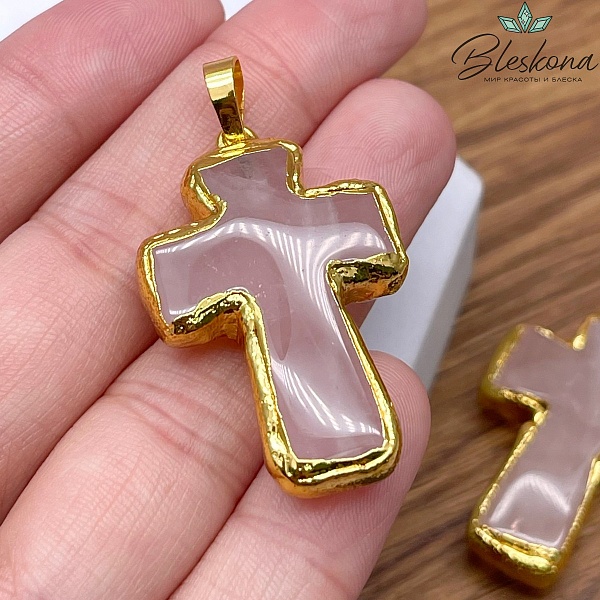 37*25 мм Цвет золото, Подвеска крест Розовый Кварц в обрамлении
