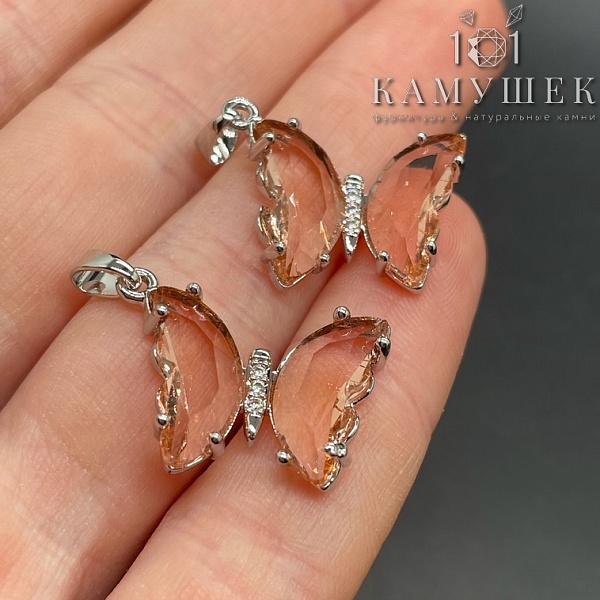 16*22мм, Цвет серебро, Подвеска Бабочка  стекло шампань