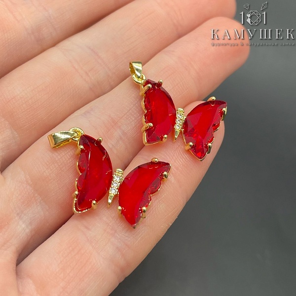 16*22мм, Цвет серебро, Подвеска Бабочка красное стекло