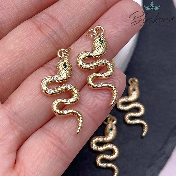 30*12мм Цвет золото, Подвеска змея зеленый циркон