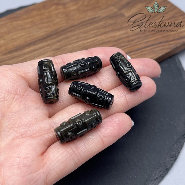 Резная Бусина Дзи 9 глаз Обсидиан золотистый 23*10 мм