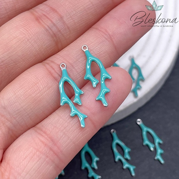 Подвеска ветки коралла голубая эмаль ,цвет серебро 8,5*24мм