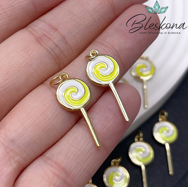 25*10 мм Цвет золото, Подвеска леденец салатово-белая эмаль