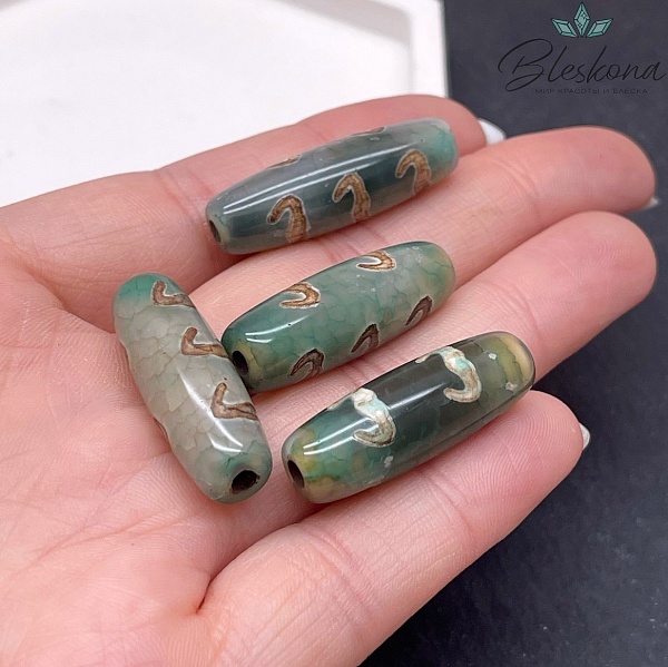 Бусина Дзи 5 летучих мышей зелено-коричневый бочонок 30*11 мм