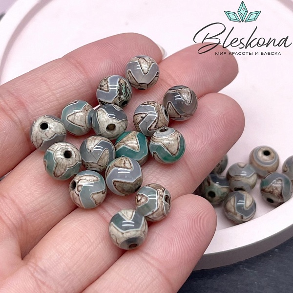 Бусина Дзи Тигриный клык зелено-коричневый шар 8 мм уп.15 шт.