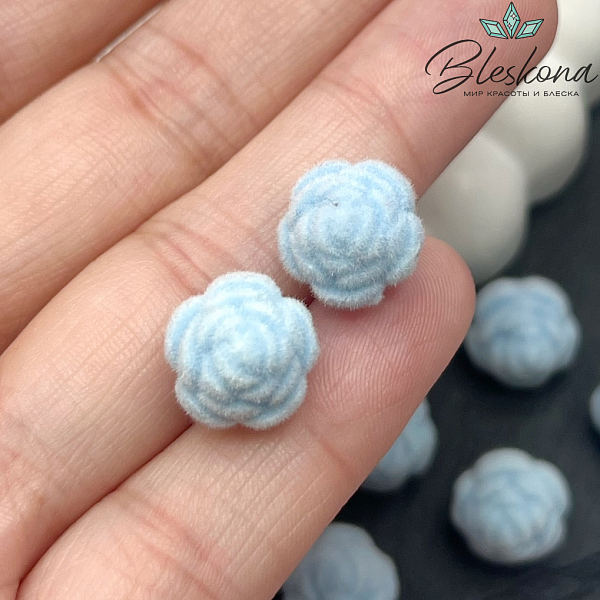 12мм Бархатная бусина Цветок - Роза, Цвет светло-синий