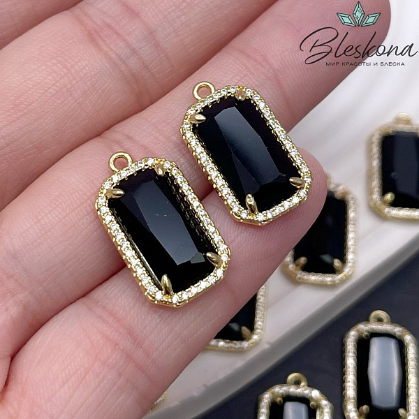 12*21мм, цвет золото ,Подвеска Прямоугольник Агат черный в обрамлении цирконы