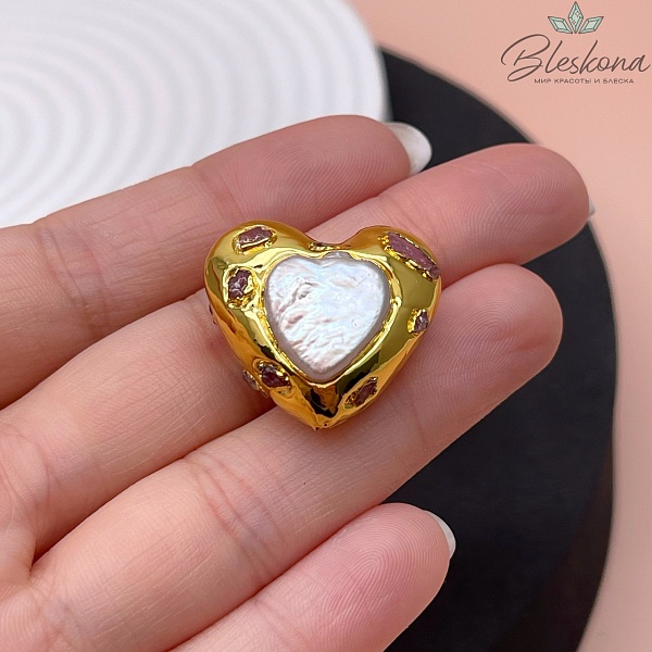 22*24 мм Цвет золото, Бусина  Жемчуг сердце инкрустированное рубеллитом