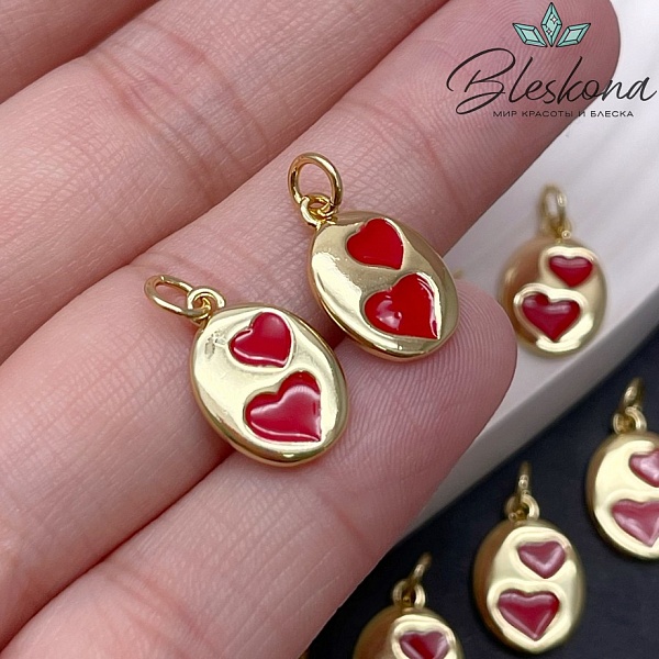15,4*10,5 мм, Цвет золото, Подвеска овал сердца красная эмаль