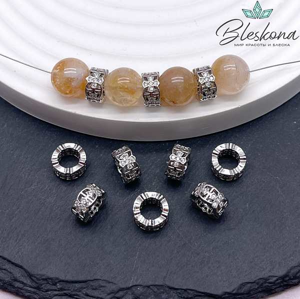 9*4 мм, цвет серебро, Бусина - разделитель кресты цирконы 