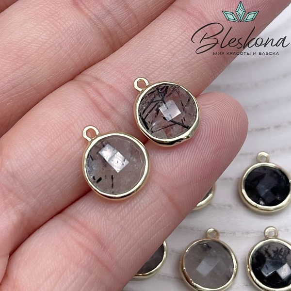 10,5мм, цвет золото ,Подвеска круг мини Турмалиновый кварц огранка
