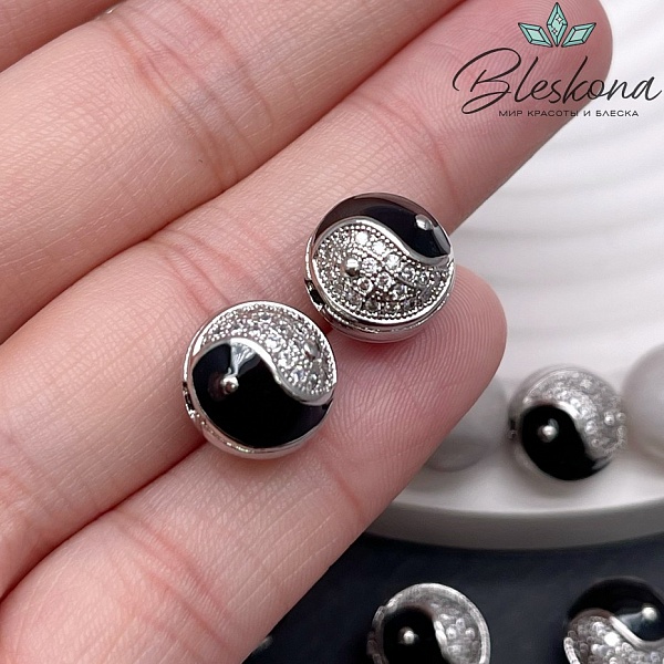 11 мм Цвет серебро, Бусина шар Инь-Янь цирконы черная эмаль