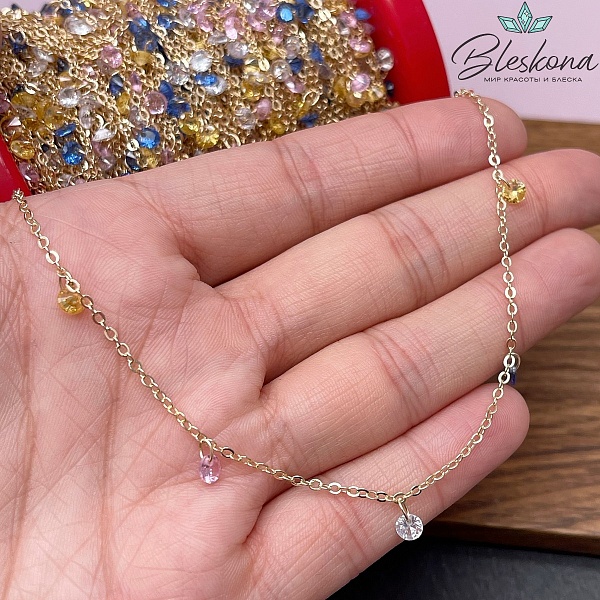 Цепь №207-1 цвет золото 2*1 мм циркон микс